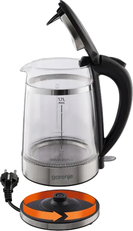 Электрический чайник Gorenje K17GDW, объем 1.7 л, мощность 2200 Вт, стекло и нержавеющая сталь, двойные стенки, контроллер Strix, черный