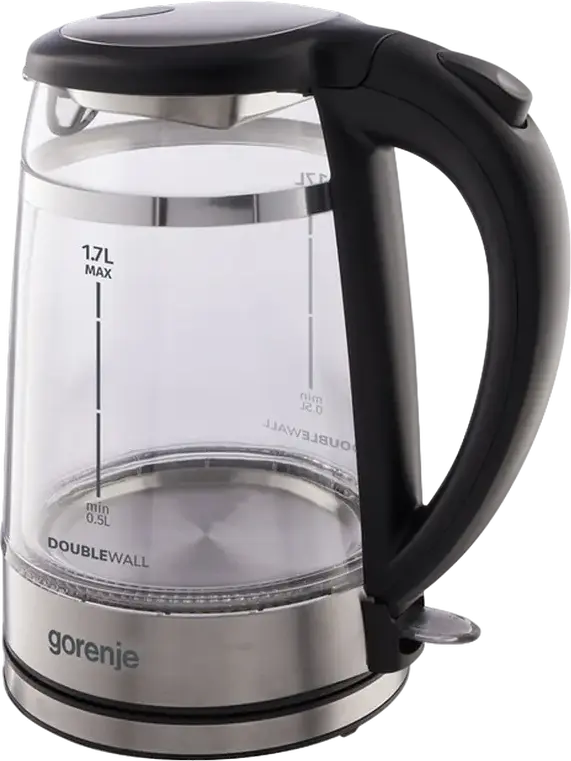 Электрический чайник Gorenje K17GDW, объем 1.7 л, мощность 2200 Вт, стекло и нержавеющая сталь, двойные стенки, контроллер Strix, черный