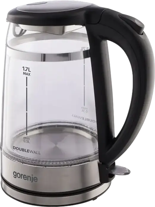 Электрический чайник Gorenje K17GDW, объем 1.7 л, мощность 2200 Вт, стекло и нержавеющая сталь, двойные стенки, контроллер Strix, черный