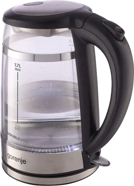 Электрический чайник Gorenje K17GDW, объем 1.7 л, мощность 2200 Вт, стекло и нержавеющая сталь, двойные стенки, контроллер Strix, черный