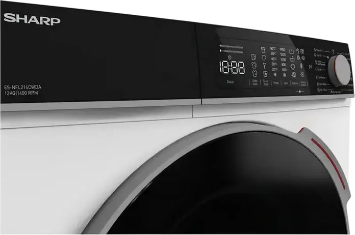 Sharp ES-NFL214CWDA-EE Front-Load Washing Machine, 12 kg Capacity, SenseInverter Technology, 1400 rpm, Energy Class A, Steam Cleaning, White