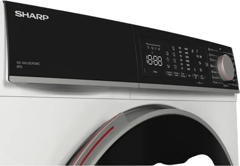 Sharp KD-NHL9S9GWC-EE Heat Pump Tumble Dryer, 9 kg Capacity, Energy Class C, LED Display, 15 Programs, White with Black Door, Independent