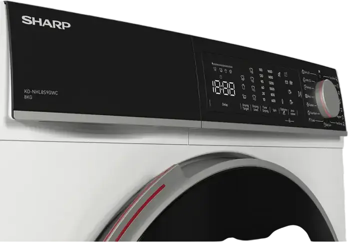 Sharp KD-NHL9S9GWC-EE Heat Pump Tumble Dryer, 9 kg Capacity, Energy Class C, LED Display, 15 Programs, White with Black Door, Independent