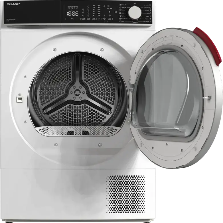 Sharp KD-NHL9S9GWC-EE Heat Pump Tumble Dryer, 9 kg Capacity, Energy Class C, LED Display, 15 Programs, White with Black Door, Independent