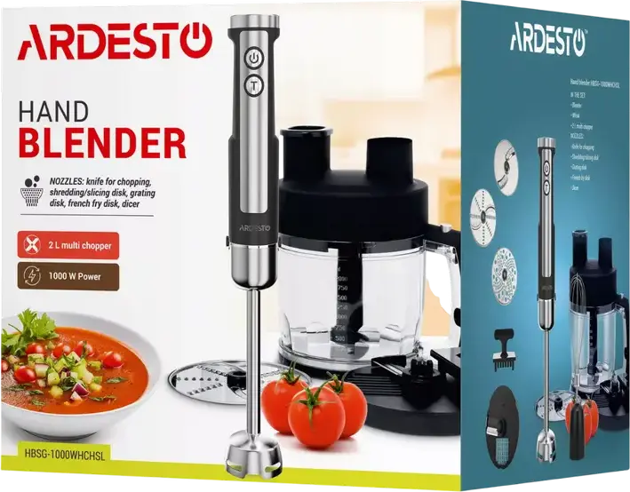 Blender vertical Ardesto HBSG-1000WHCHSL 1000W, 5 Viteze, Mod Turbo, Bol 2000ml, Picior din Otel Inoxidabil, Tocat, Mixat, Taiere Cuburi si Cartofi Pridji
