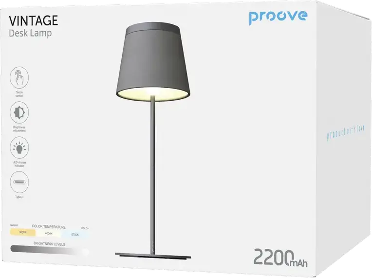 Lampa de birou Proove Vintage, Neagra, LED 5W, Baterie 2200mAh, 3 Temperaturi de Culoare, Control Tactil, Dimare Continua, Incarcare Type-C, ABS si Silicone