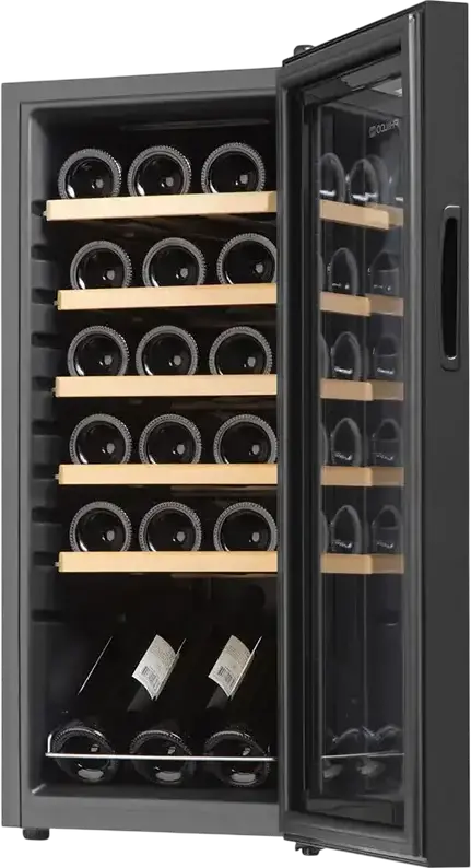 Răcitor de vin Philco PW18KF, Capacitate 18 sticle, Volum 50L, Interval Temperatură 5-18°C, 6 rafturi din lemn, Afișaj LED, Negru