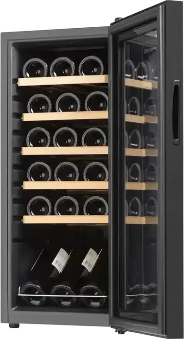Răcitor de vin Philco PW18KF, Capacitate 18 sticle, Volum 50L, Interval Temperatură 5-18°C, 6 rafturi din lemn, Afișaj LED, Negru