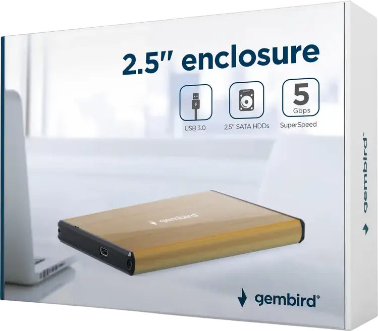 Cutie Externa Gembird EE2-U3S-3 pentru HDD SSD SATA 2.5", Interfață USB 3.0 SuperSpeed 5Gbps, Aluminiu Periat, Suportă până la 2TB, Auriu