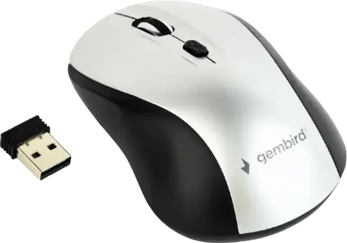 Беспроводная оптическая мышь Gembird MUSW-4B-02-BS, 2.4 ГГц, 800/1200/1600 DPI, 4 кнопки, амбидекстер, USB Nano приемник, Черный/Серебристый
