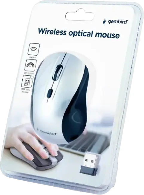Беспроводная оптическая мышь Gembird MUSW-4B-02-BS, 2.4 ГГц, 800/1200/1600 DPI, 4 кнопки, амбидекстер, USB Nano приемник, Черный/Серебристый