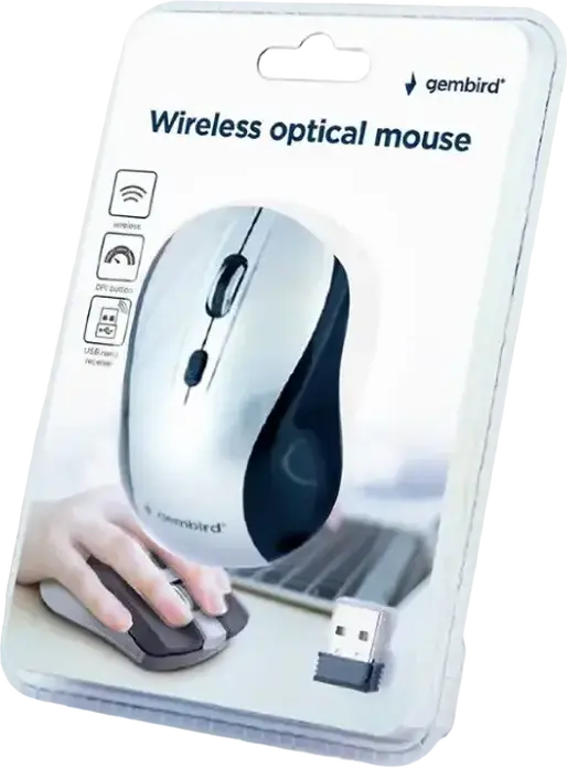 Беспроводная оптическая мышь Gembird MUSW-4B-02-BS, 2.4 ГГц, 800/1200/1600 DPI, 4 кнопки, амбидекстер, USB Nano приемник, Черный/Серебристый