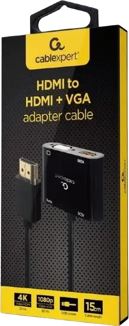 Адаптер-кабель Cablexpert A-HDMIM-HDMIFVGAF-01 HDMI (папа) на HDMI (мама) и VGA (мама), 4K@30Гц, 1080p, аудио 3.5 мм, питание USB, позолоченные коннекторы, 0.15 м