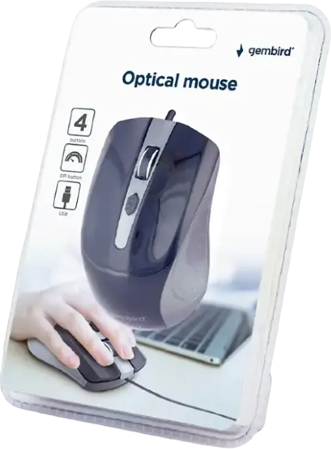 Gembird MUS-4B-01 Wired Optical USB Mouse, Black and Grey, 800/1000/1200 DPI Adjustable, 4 Buttons, 1.35m Cable