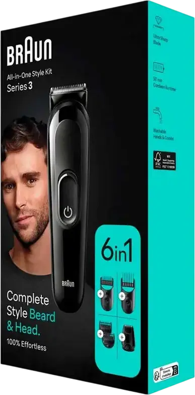 Trimmer Braun MGK3410 Series 3 All-in-One Style Kit, Lame din Otel Inoxidabil, 13 Setari de Lungime 0.5-21mm, Impermeabil, Baterie Ni-Mh, Negru