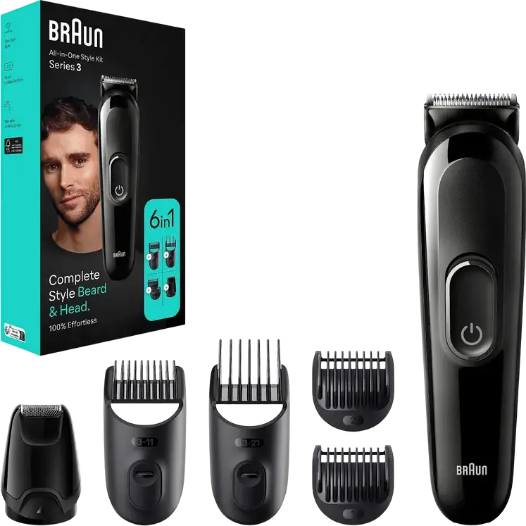 Trimmer Braun MGK3410 Series 3 All-in-One Style Kit, Lame din Otel Inoxidabil, 13 Setari de Lungime 0.5-21mm, Impermeabil, Baterie Ni-Mh, Negru