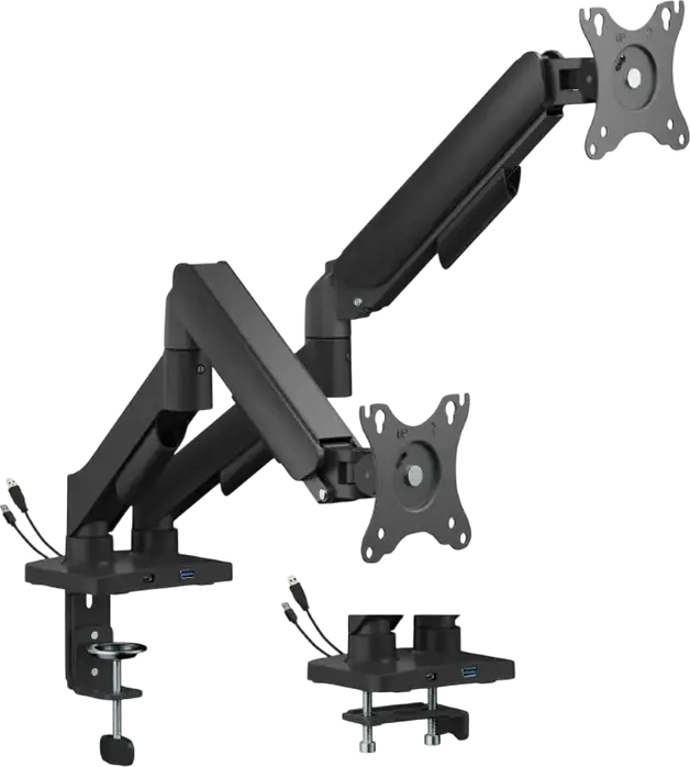 Suport Dual Monitor Gembird MA-DA2U-01, Brat cu Gas Spring, Ecrane 17-32 inch, VESA 75x75 100x100, Porturi USB 3.2 Type-A si Type-C, Negru