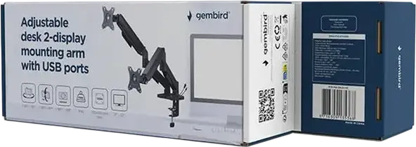 Suport Dual Monitor Gembird MA-DA2U-01, Brat cu Gas Spring, Ecrane 17-32 inch, VESA 75x75 100x100, Porturi USB 3.2 Type-A si Type-C, Negru