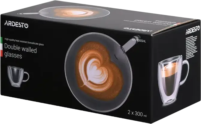 Cani Ardesto cu perete dublu din sticla borosilicata 300ml, pahare transparente termoizolante rezistente la calume, -20 la +150 °C