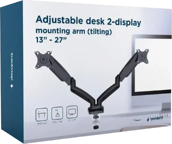 Suport Dual Monitor Gembird MA-DA2-05, Brat de Birou cu Gas Spring pentru Ecrane 13-27 inch, VESA 75x75 100x100, Capacitate 7kg per Brat, Otel, Negru