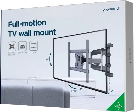 Gembird WM-75ST-01 Full-Motion Double Arm TV Wall Mount for 32-75 inch Screens, VESA 600x400mm, Max Load 45.5kg, Tilt -5/+8°, Swivel ±50°, Black Steel