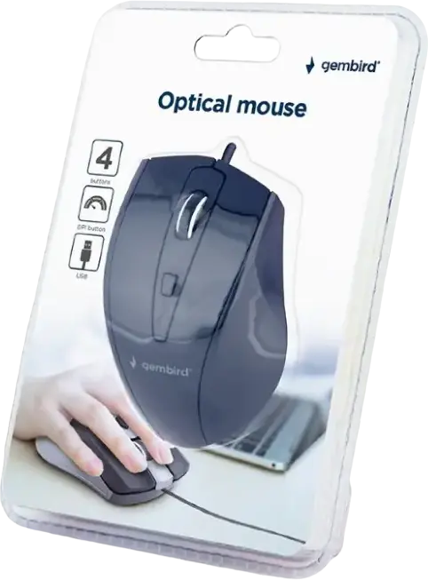 Mouse Optic cu Fir Gembird MUS-4B-02, 4 Butoane, Rezolutie Ajustabila 800/1000/1200 DPI, Interfata USB, pentru Dreptaci, Negru