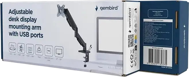 Кронштейн для монитора Gembird MA-DA1U-01 с газлифтом, 17-32 дюйма, нагрузка 9 кг, VESA 75x75 100x100, порты USB 3.0 и Type-C, черный