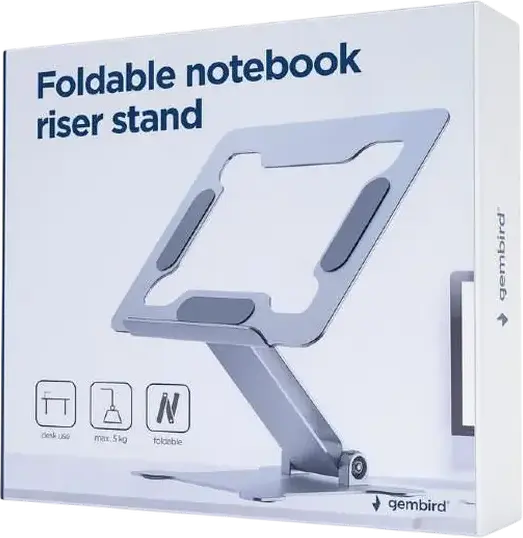 Gembird NBS-D1-03 Foldable Aluminum Notebook Riser Stand for Laptops up to 15.6", Silver, Stepless Height Adjustment, Ventilation Design