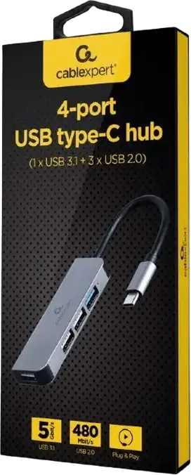Gembird Cablexpert UHB-CM-U3P1U2P3-01 USB Hub, USB Type-C to 4x USB Type-A (1x USB 3.1 Gen 1 5Gbps, 3x USB 2.0), Aluminium Enclosure, Silver, Plug & Play