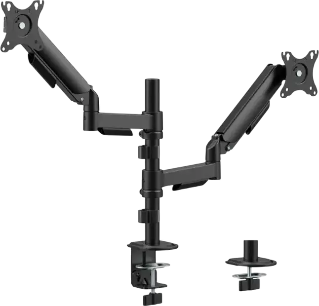 Gembird MA-DA2P-02 Dual Monitor Desk Mount, Gas-Spring Arms for 17-32 inch Screens, VESA 75x75 100x100, Clamp or Grommet Base, Black Steel