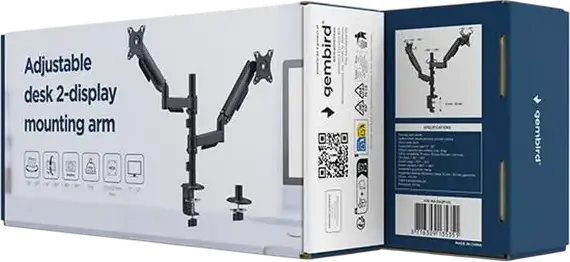 Gembird MA-DA2P-02 Dual Monitor Desk Mount, Gas-Spring Arms for 17-32 inch Screens, VESA 75x75 100x100, Clamp or Grommet Base, Black Steel