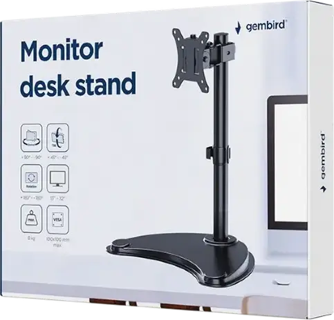Gembird MS-D1ST-04 Desk-Mounted Monitor Stand, 13-32 inch Screen Support, 8kg Load, VESA 75x75/100x100, Tilt Swivel Pivot, Black, Aluminum and Steel