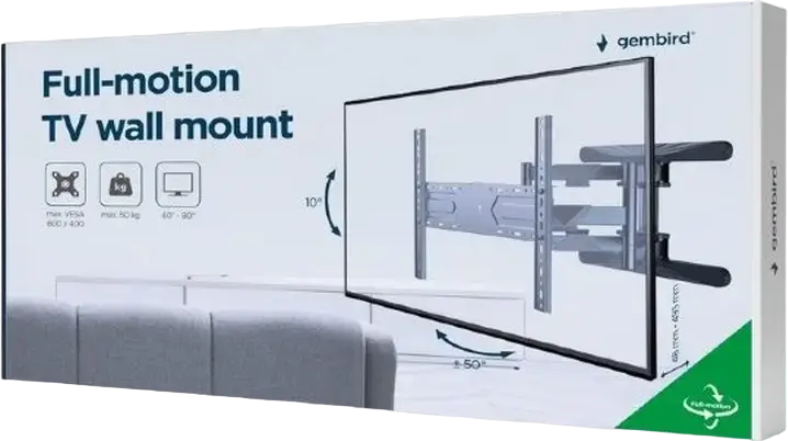 Gembird WM-80ST-01 Full-Motion Double Arm TV Wall Mount, 40-80 inch, VESA 100x100 to 600x400 mm, Max Load 50 kg, Steel, Black, Tilt -3/+7 deg, Swivel 50 deg
