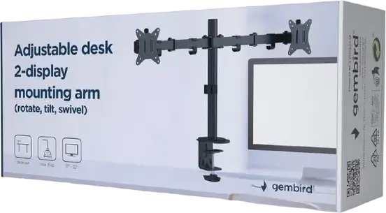 Suport de birou reglabil pentru doua monitoare Gembird MA-D2-01, ecrane 17-32 inch, VESA 75x75 100x100, capacitate 9kg, Otel si ABS, Negru