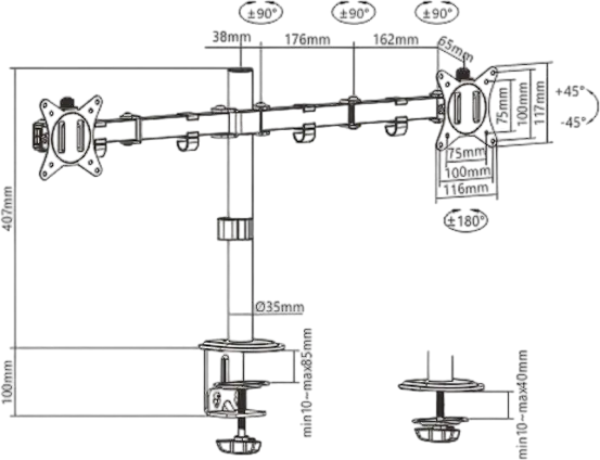 Suport de birou reglabil pentru doua monitoare Gembird MA-D2-01, ecrane 17-32 inch, VESA 75x75 100x100, capacitate 9kg, Otel si ABS, Negru