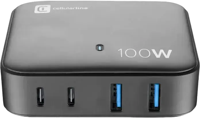 Cellularline Multipower Magnus 100W GaN Charger, 4 Ports (2x USB-C PD 100W, 2x USB-A), Fast Charging for Laptops, Tablets and Smartphones, Black