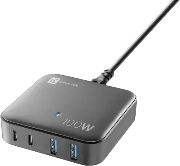 Incarcator Cellularline Multipower Magnus 100W GaN, 4 Porturi (2x USB-C PD 100W, 2x USB-A), Incarcare Rapida pentru Laptopuri, Tablete si Smartphone-uri, Negru