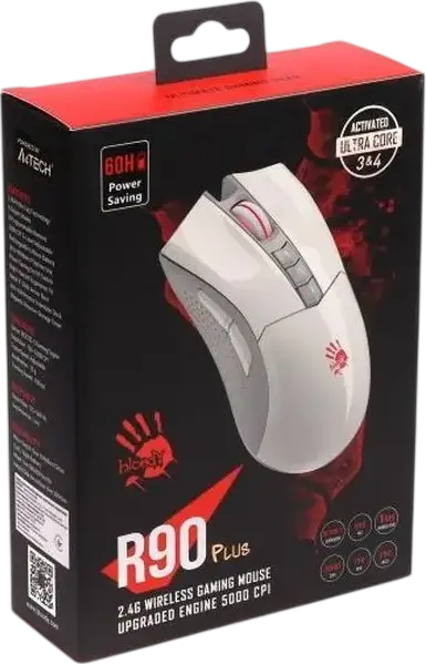 Mouse Gaming Wireless Bloody R90 Plus, Senzor BC3332-S, 5000 CPI, 8 Butoane Programabile, 2.4 GHz, Metal X'Glide Armor Boot, Reincarcabil, Alb
