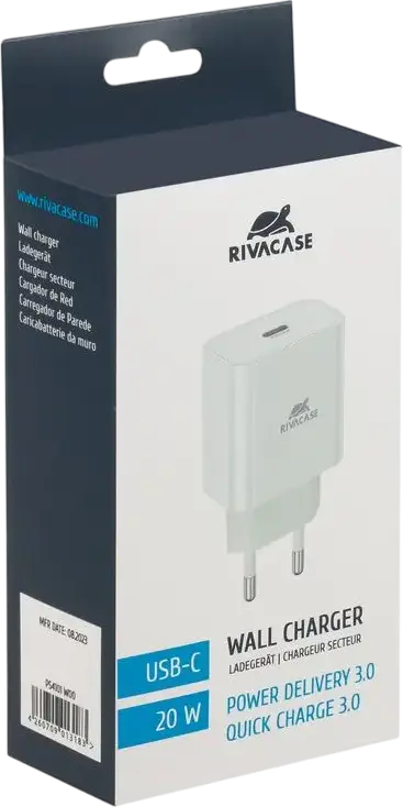 Incarcator de perete Rivacase PS4101 20W USB-C, Incarcare Rapida PD 3.0 si QC 3.0, Priza EU, Plastic ABS, Alb