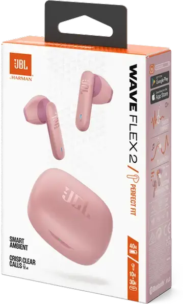 JBL Wave Flex 2 True Wireless Earbuds, Pink, TWS Stick-Open Design, JBL Pure Bass Sound, Smart Ambient Technology, Hands-Free Calls, USB-C Charging
