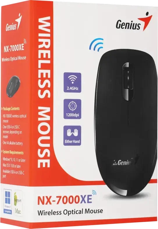 Genius NX-7000XE Wireless Optical Mouse, 2.4GHz USB-A Receiver, 1200 DPI, Ambidextrous Design, 10m Range, Black