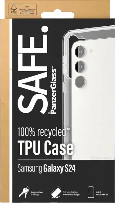 Husa PanzerGlass SAFE pentru Samsung Galaxy S24, TPU 100% Reciclat Transparent, Anti-ingalbenire, Compatibila cu Incarcarea Wireless, Design Subtire