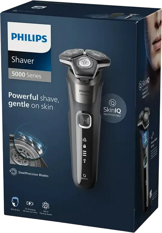 Philips S5887/30 Series 5000 Electric Rotary Shaver, SkinIQ Technology, SteelPrecision Blades, PowerAdapt Sensor, Wet & Dry, Pop-up Trimmer, Grey