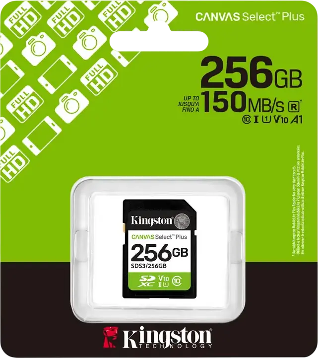 Card Memorie Kingston Canvas Select Plus SD 256GB SDS3 UHS-I Clasa 10 U3 V30, Rezistent la Apă și Raze X, pentru Video Full HD 1080p și Fotografii