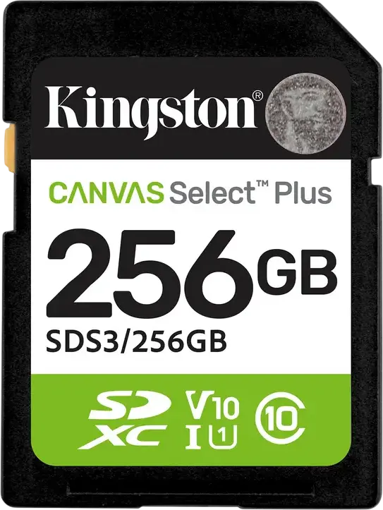 Card Memorie Kingston Canvas Select Plus SD 256GB SDS3 UHS-I Clasa 10 U3 V30, Rezistent la Apă și Raze X, pentru Video Full HD 1080p și Fotografii