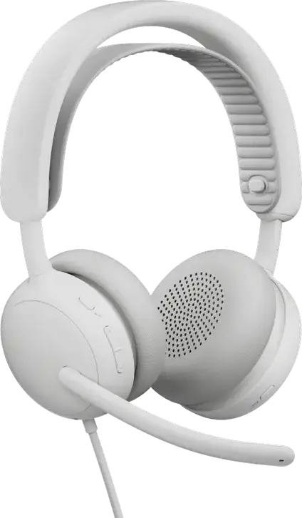 Casca Logitech Zone Wired 2 cu fir, Albă, ANC Hibrid Adaptiv, Microfoane Duale cu Anulare Zgomot AI, USB-C/USB-A, Drivere 40mm, Certificată Microsoft Teams și Zoom