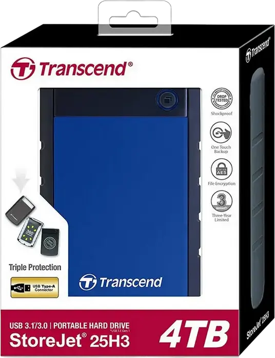 Hard Disk Extern Portabil Transcend StoreJet 25H3B HDD 2.5" 4 TB USB 3.1 Gen 1, Protectie Shock MIL-STD-810G, Backup One-touch, Criptare AES