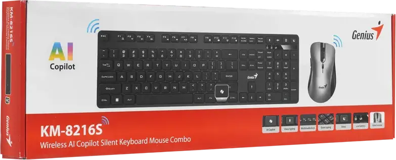 Genius KM-8216S Wireless AI Copilot Silent Keyboard and Mouse Combo, 2.4GHz RF USB-A, Membrane Chocolate Keys, Ergo 8100S AI Optical Mouse 1600 DPI, Black