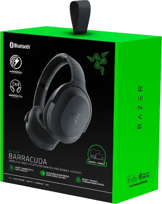 Casca Razer Barracuda Hybrid Gaming si Street, Neagra, Wireless 2.4GHz Hyperspeed, Bluetooth, 3.5mm, Difuzoare 50mm Triforce Titanium, THX Spatial Audio, Baterie 40h