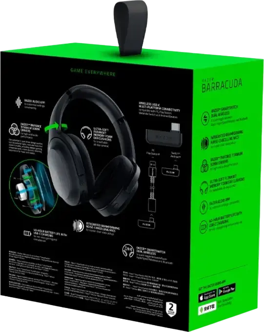 Casca Razer Barracuda Hybrid Gaming si Street, Neagra, Wireless 2.4GHz Hyperspeed, Bluetooth, 3.5mm, Difuzoare 50mm Triforce Titanium, THX Spatial Audio, Baterie 40h
